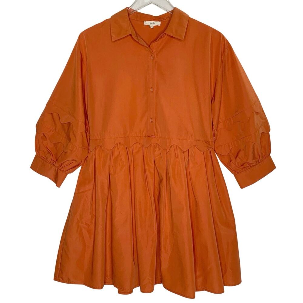 Entro Orange Floral Puff Sleeve Mini Dress S Boxy Pleated Scalloped Detail